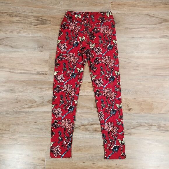 🔺️NWT LuLaRoe Red Floral Print Pants One Size - Picture 3 of 8